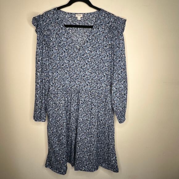J. Crew Blue Floral Cotton Long Sleeve Mini Dress Size XL - Picture 3 of 10